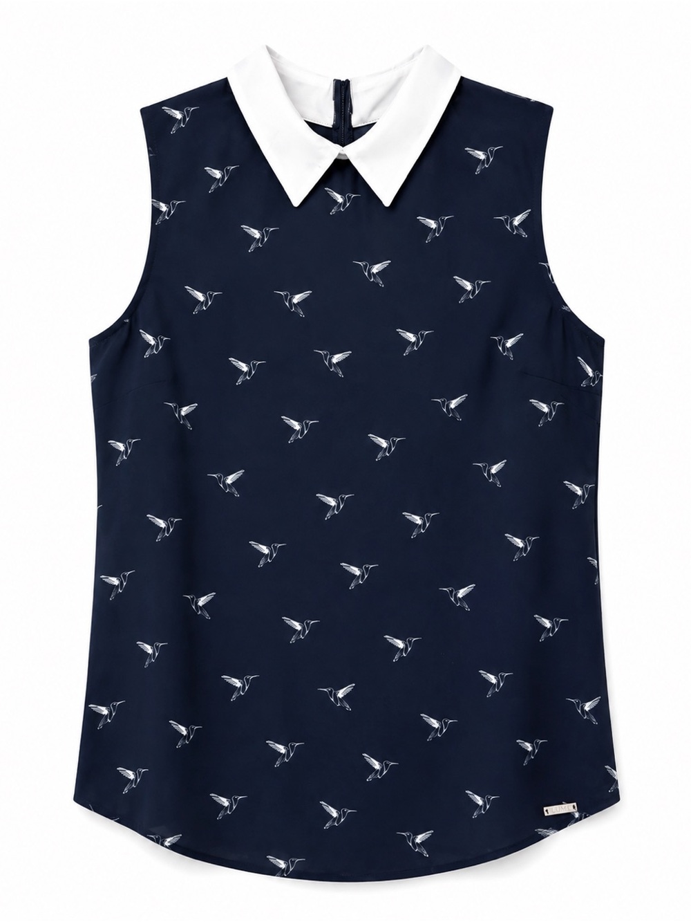 Hummingbird Sleeveless Top Navy with White Collar Back Zip Closure Rayon